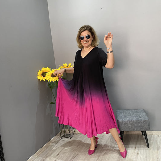 Włoska swobodna sukienka z długim rękawem i gradientem tie-dye