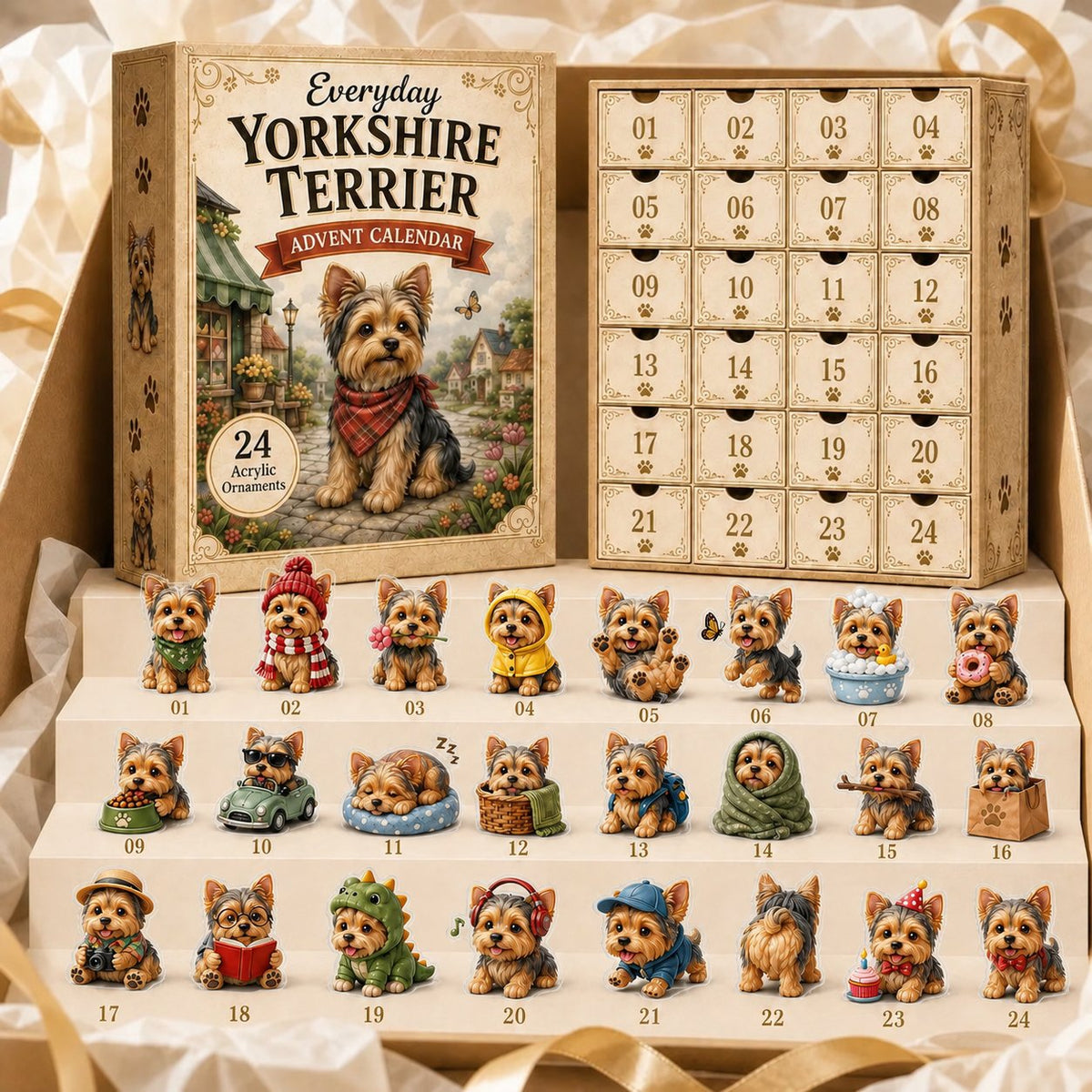 💥✨Yorkshire Terrier 2D Advent Calendar – 24 Unique Yorkie Acrylic Ornaments & Daily Christmas Surprises