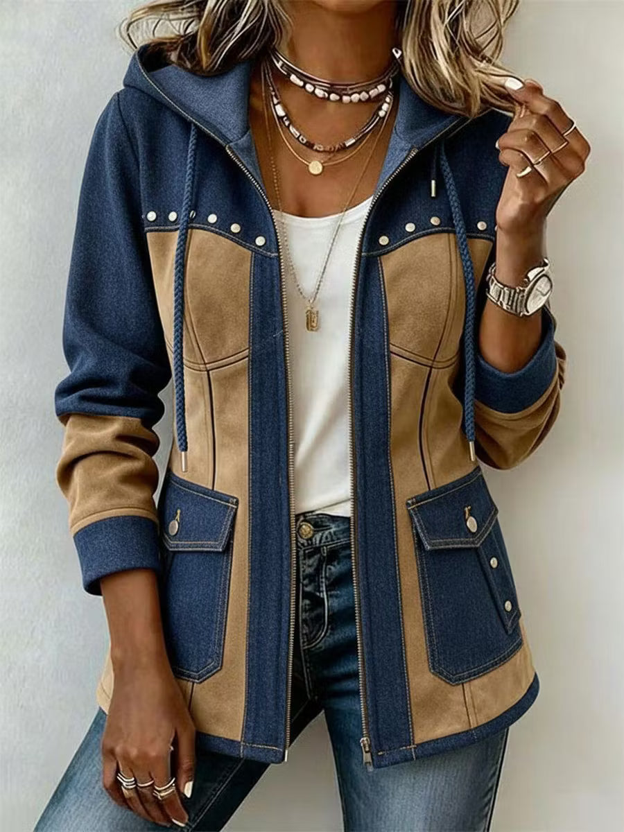 Elegancka kurtka z kapturem z denimu i zamszu