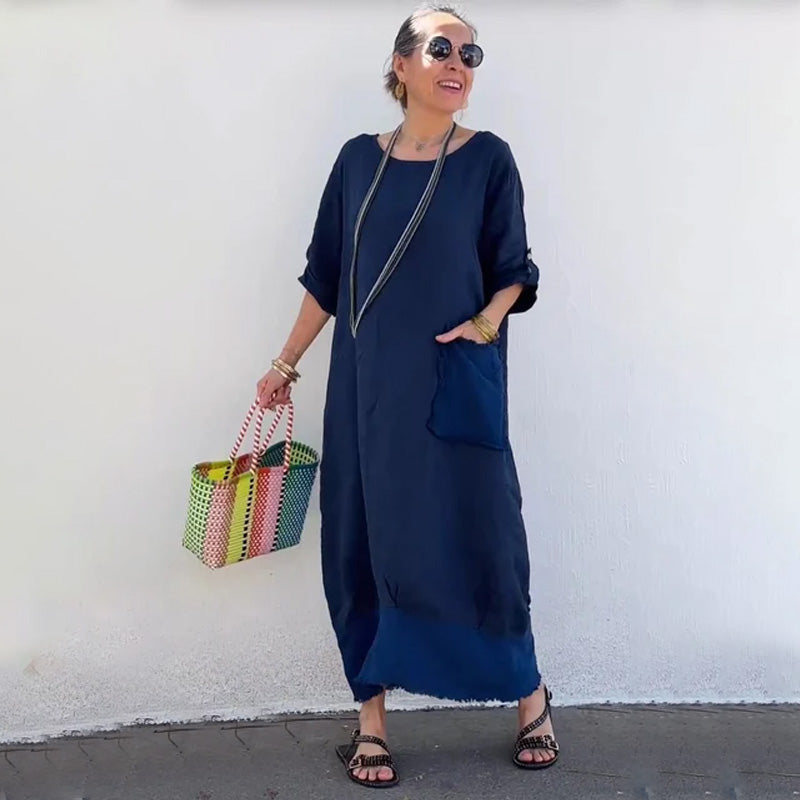 💕Długa sukienka z bawełny i lnu, patchworkowa