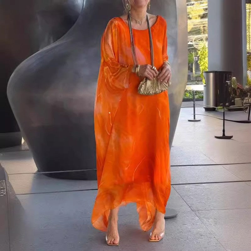 🔥gorąca sprzedaż🔥Elegancka szyfonowa sukienka z marmurkowym nadrukiem