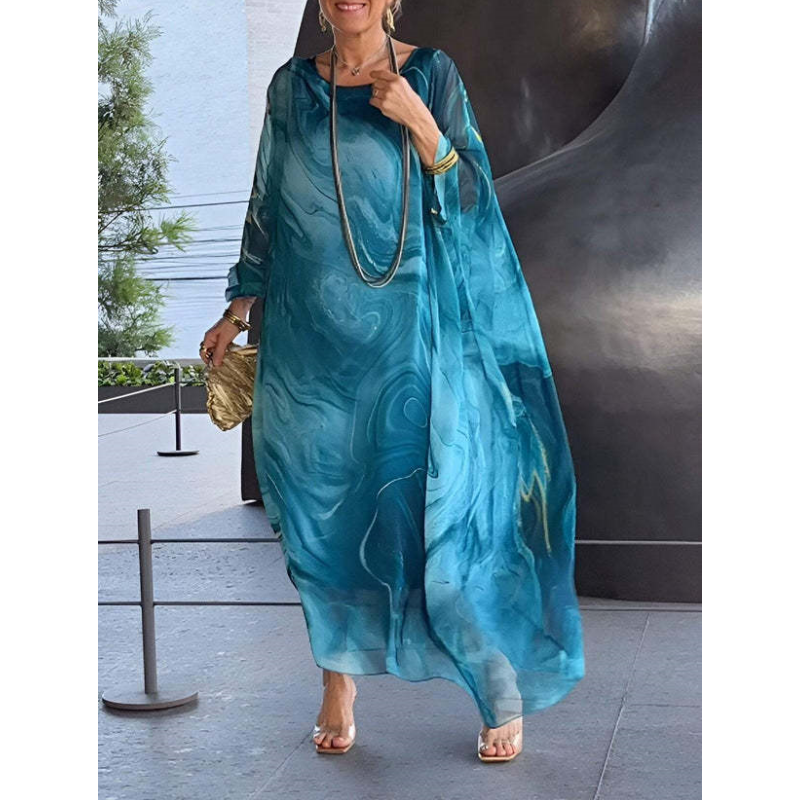 🔥gorąca sprzedaż🔥Elegancka szyfonowa sukienka z marmurkowym nadrukiem