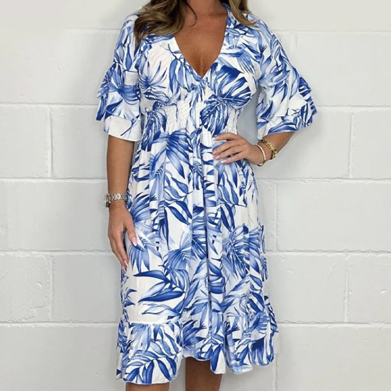 👗✨ Eleganckie sukienki damskie z dekoltem w serek i wzorem botanicznym