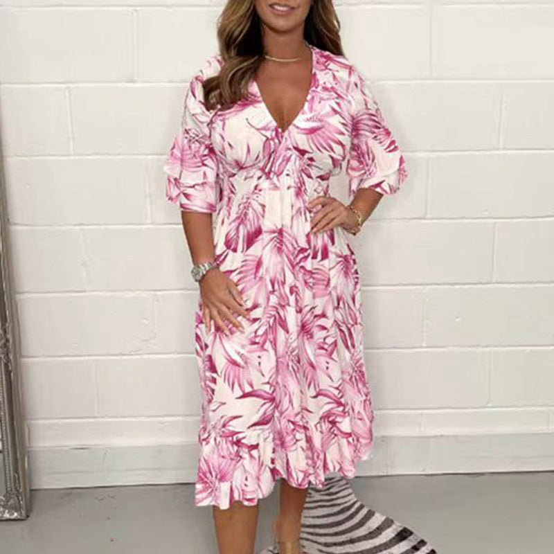 👗✨ Eleganckie sukienki damskie z dekoltem w serek i wzorem botanicznym