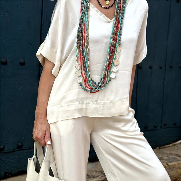 💝Top z krótkim rękawem i szerokimi nogawkami, komplet 2-częściowy✨