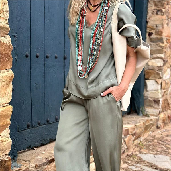 💝Top z krótkim rękawem i szerokimi nogawkami, komplet 2-częściowy✨