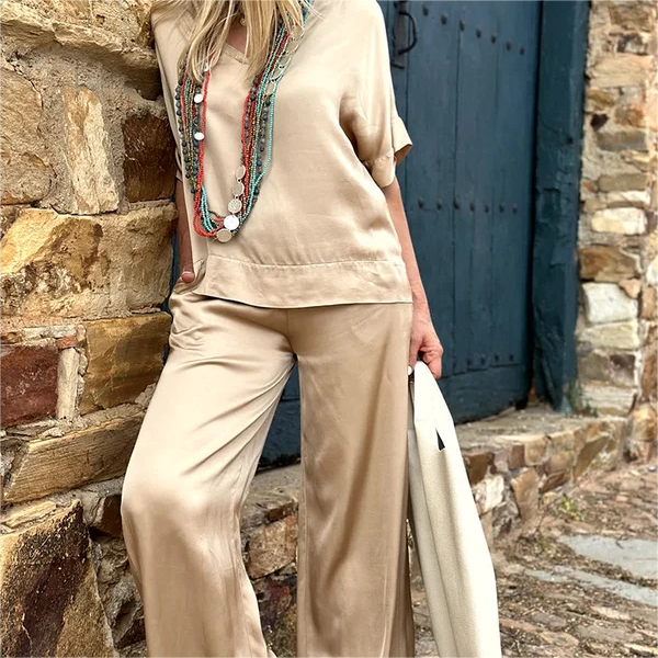 💝Top z krótkim rękawem i szerokimi nogawkami, komplet 2-częściowy✨