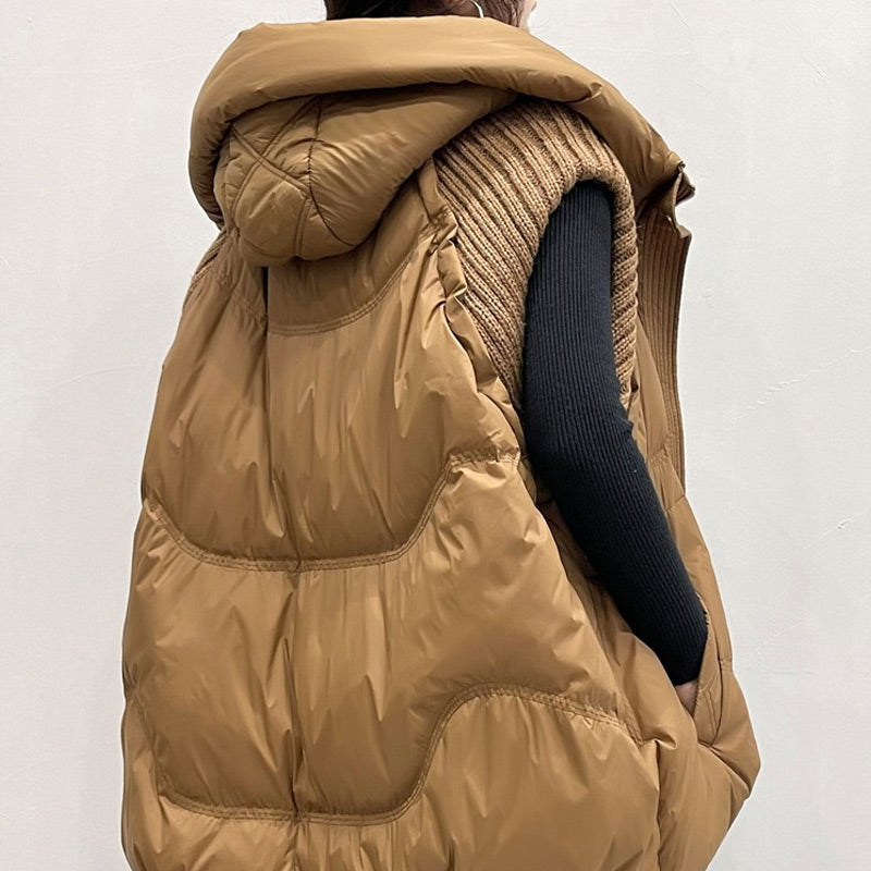 Damska dzianinowa kurtka z patchworkowym puchem kaczym, bez rękawów