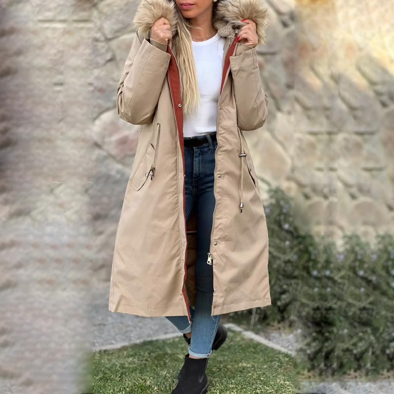 Zimowy płaszcz damski z kapturem i futrzanym kołnierzem Casual Parka
