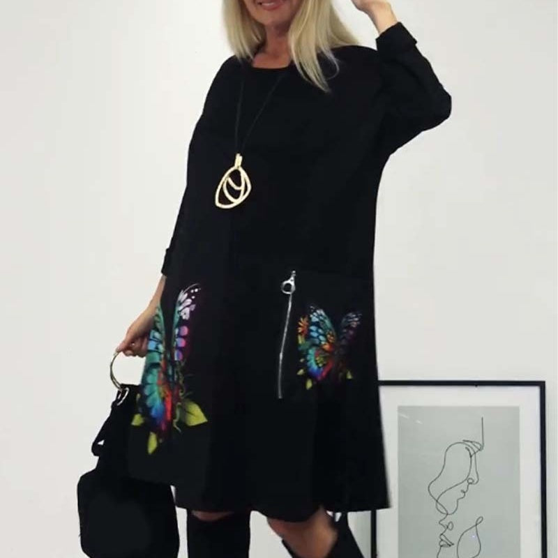 Damska luźna sukienka z okrągłym dekoltem w motyle