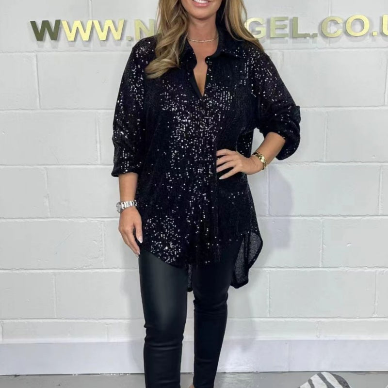 Modna damska bluzka o luźnym kroju z cekinami