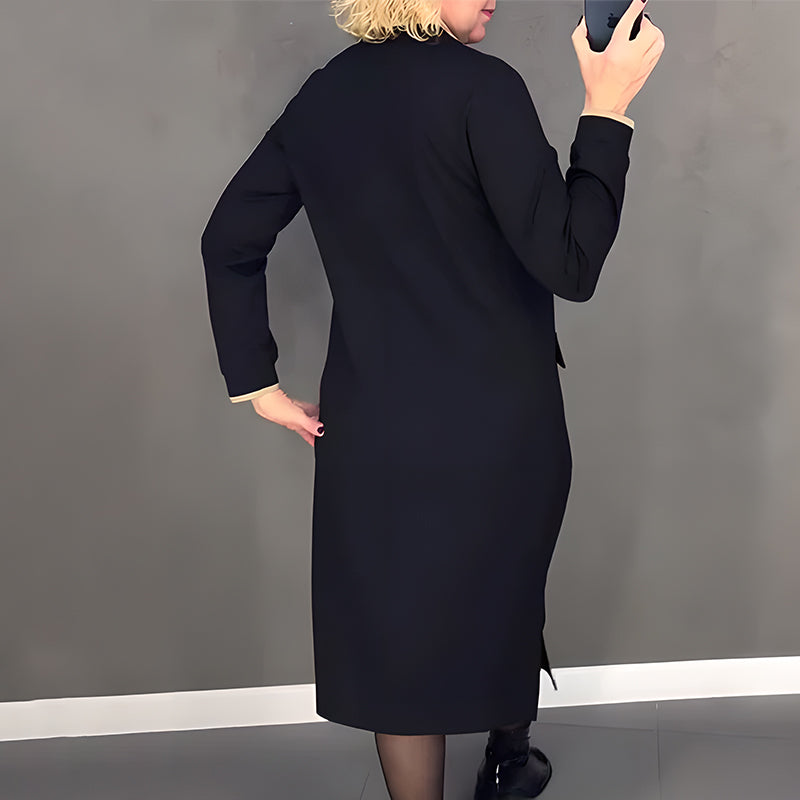 Damska elegancka czarna sukienka z długim rękawem i zamkiem