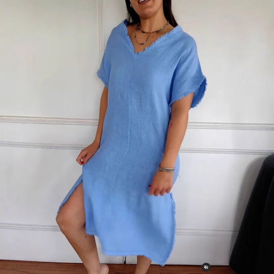 ✨Wiosenna nowość✨Sukienka z bawełny i lnu, casualowa, z dekoltem w serek i frędzlami