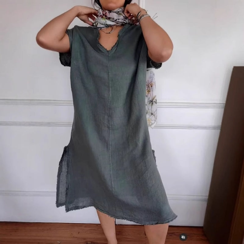 ✨Wiosenna nowość✨Sukienka z bawełny i lnu, casualowa, z dekoltem w serek i frędzlami