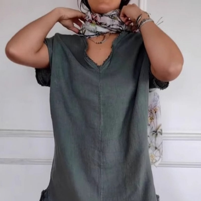 ✨Wiosenna nowość✨Sukienka z bawełny i lnu, casualowa, z dekoltem w serek i frędzlami