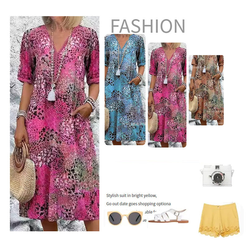 💥Damska sukienka midi z dekoltem w serek i nadrukiem