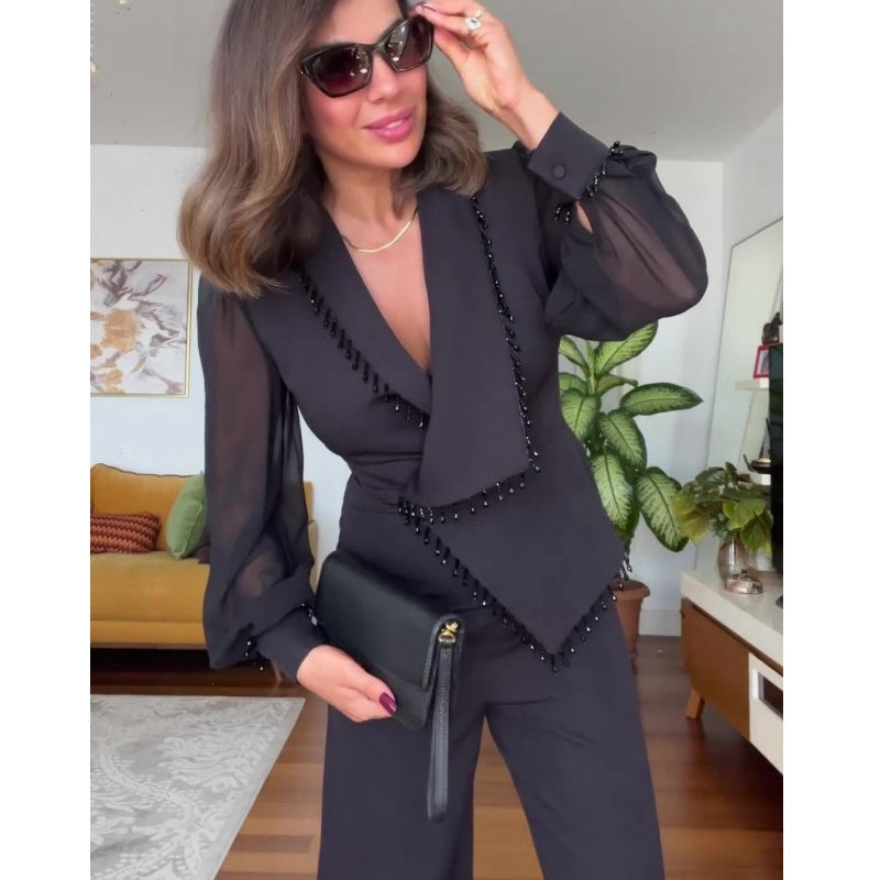 Spodnie damskie z siateczki z szerokimi nogawkami i komplet spodni