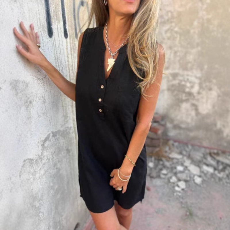 🔥Jednokolorowa sukienka z głębokim dekoltem w serek, wykonana z bawełny i lnu