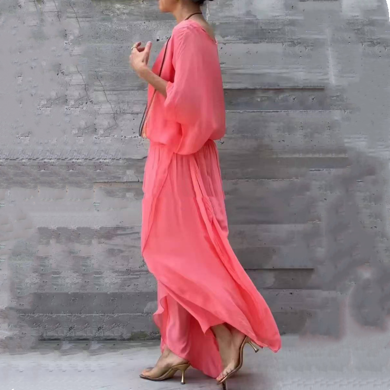 Luźny top i szerokie spodnie z szyfonu, komplet 2-częściowy