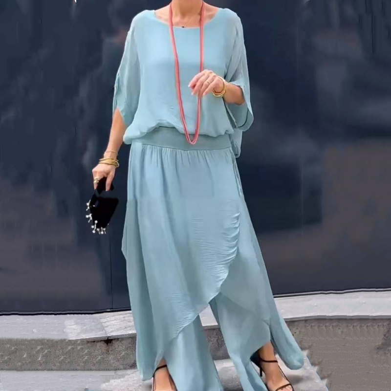 Luźny top i szerokie spodnie z szyfonu, komplet 2-częściowy