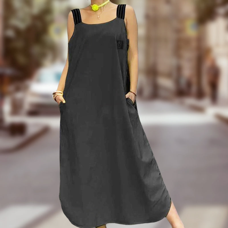 Szeroka sukienka maxi na ramiączkach z kieszeniami