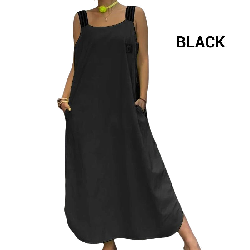 Szeroka sukienka maxi na ramiączkach z kieszeniami