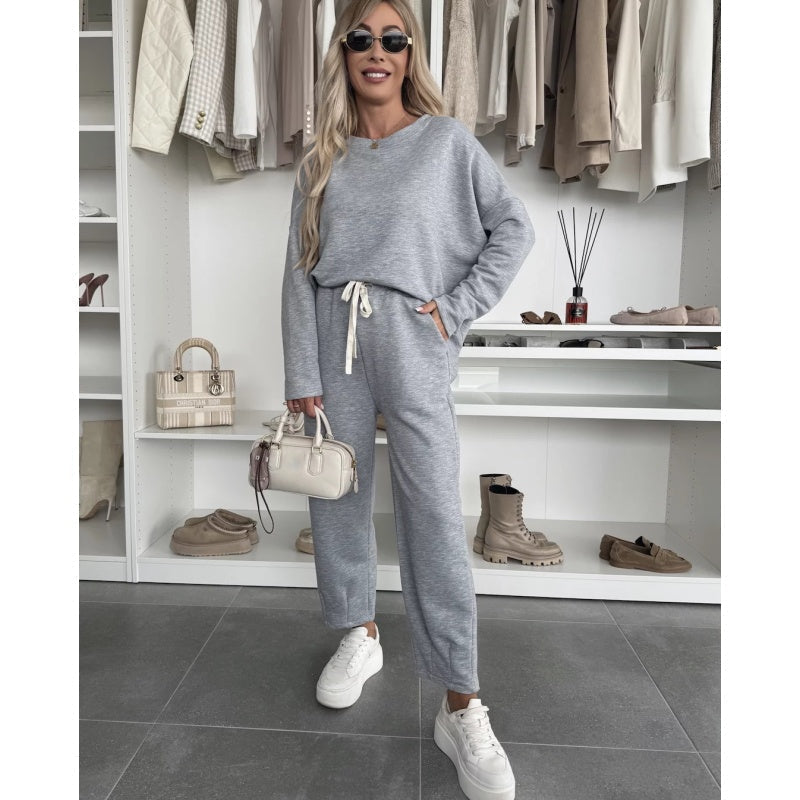 🌸Jednokolorowy top z okrągłym dekoltem i luźne spodnie w 2-częściowym zestawie