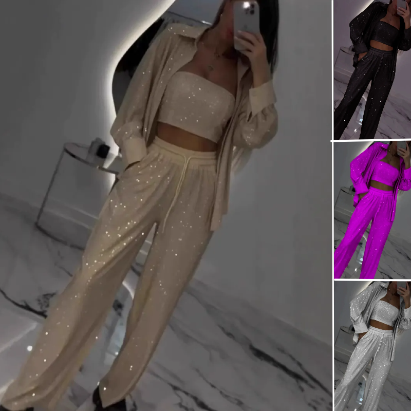 Wspaniały blezer, przytulna podszewka i spodnie z szerokimi nogawkami (3-częściowe)