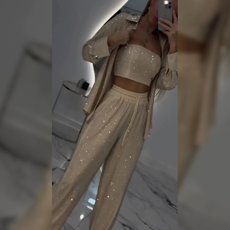 Wspaniały blezer, przytulna podszewka i spodnie z szerokimi nogawkami (3-częściowe)