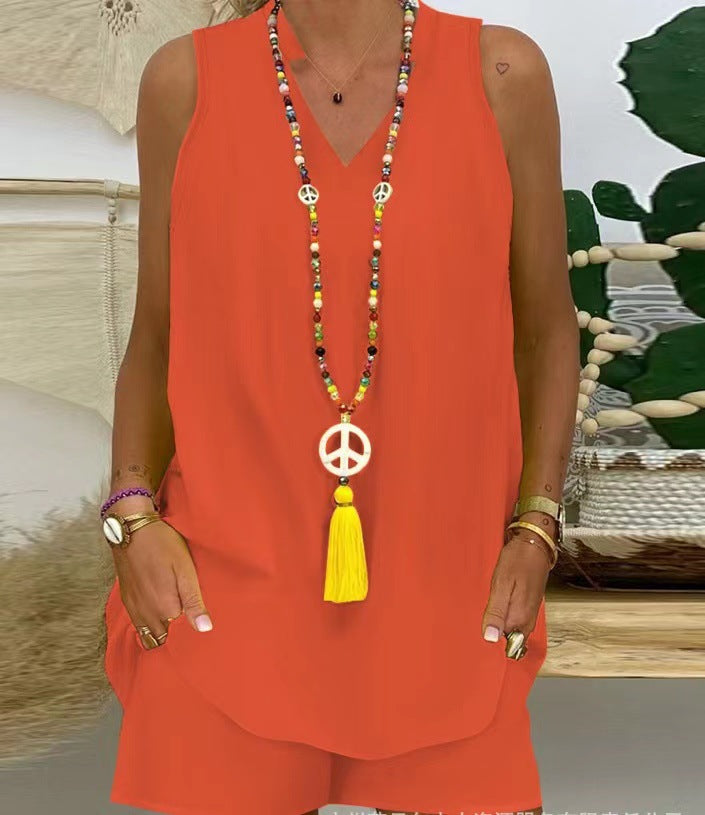 Elegancki dwuczęściowy komplet: krótki rękaw z dekoltem w serek + spodenki