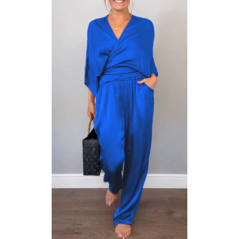 💞💞Dwuczęściowy komplet damski, zawierający top z dekoltem w serek i spodnie