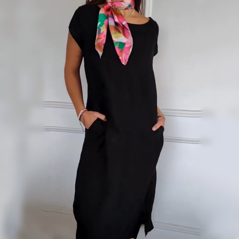 Nowość 2025! 🔥Lniana sukienka damska z okrągłym dekoltem i krótkim rękawem