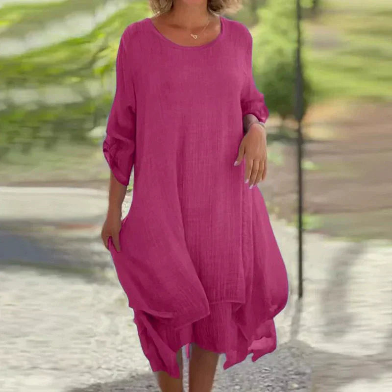 💒Elegancka, jednokolorowa, luźna sukienka damska z okrągłym dekoltem