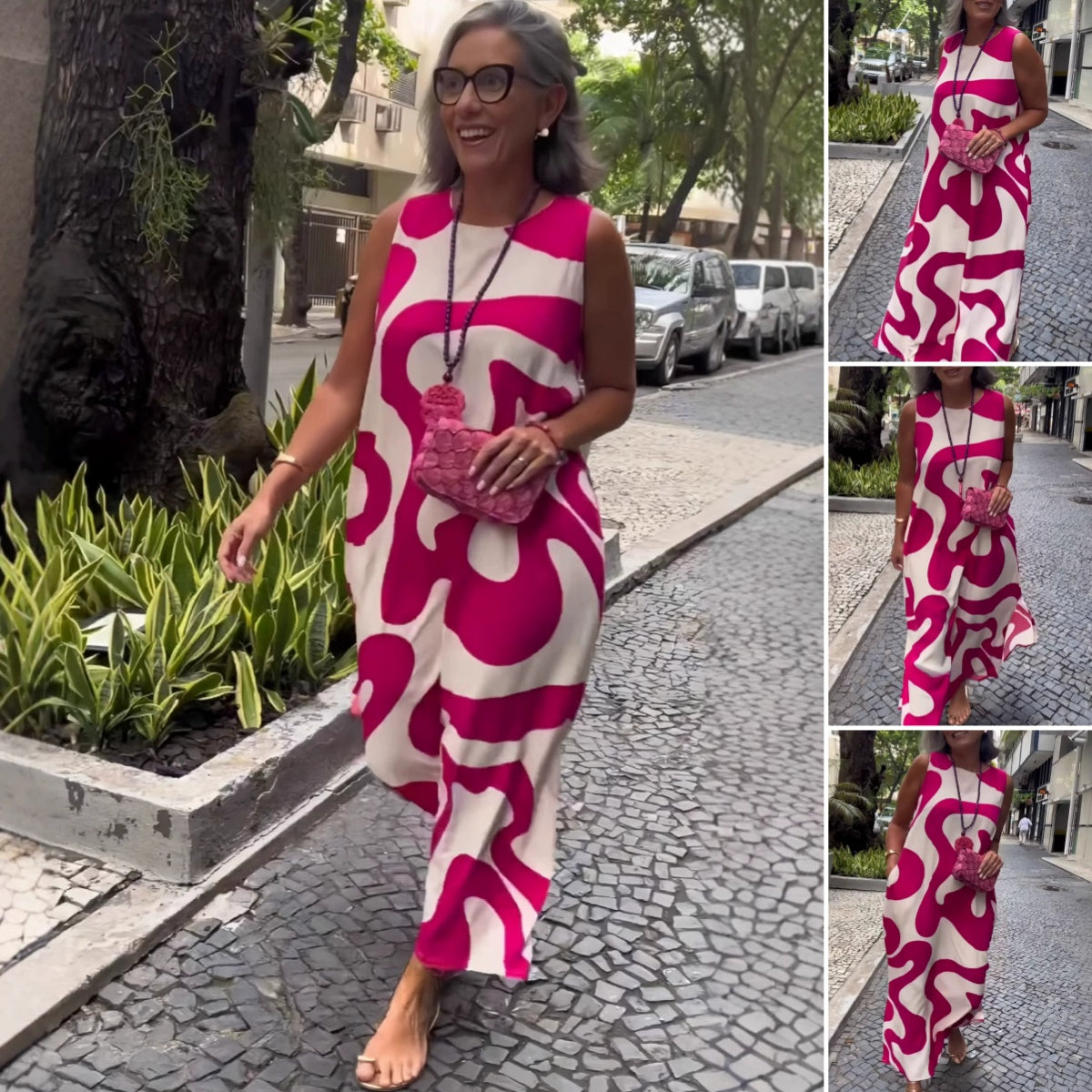 Okrągły dekolt, nadruk, bez rękawów, swobodne, modne sukienki