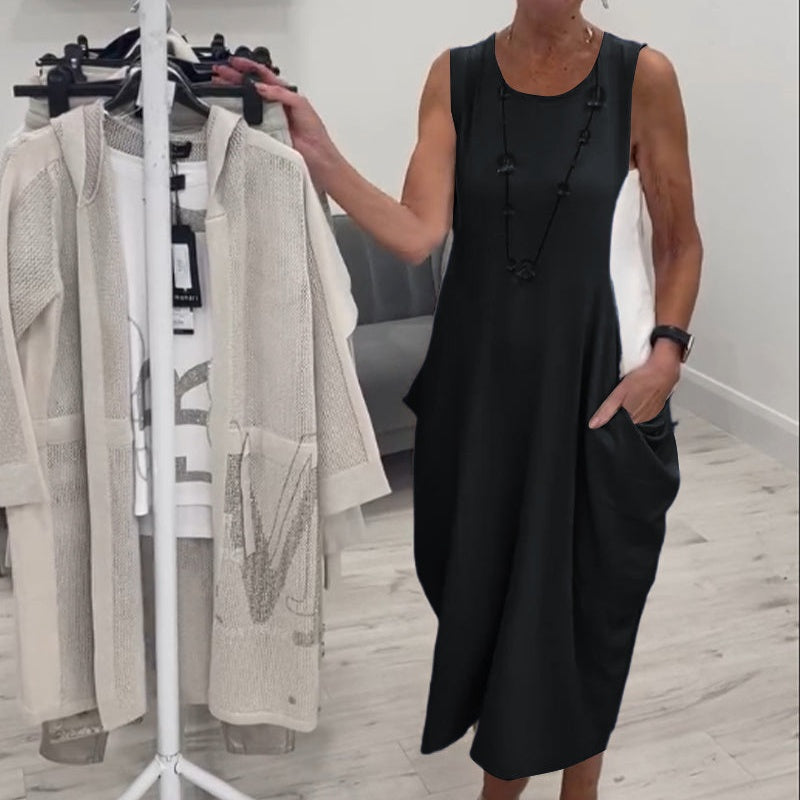 ✨Prosta lniana sukienka bez rękawów z kieszeniami
