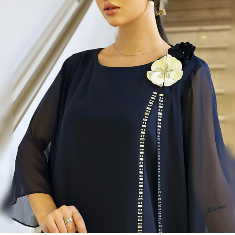 🌸✨【S-4XL】Siateczkowa sukienka damska z okrągłym dekoltem i kwiatowym akcentem