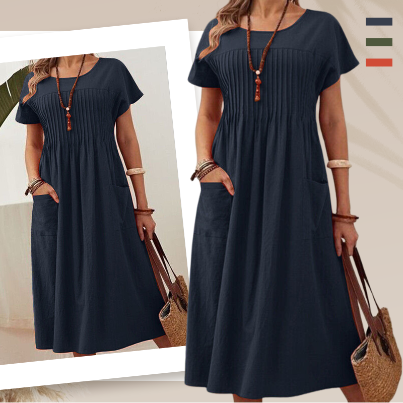 Sukienka plisowana damska z krótkimi rękawami i kieszeniami