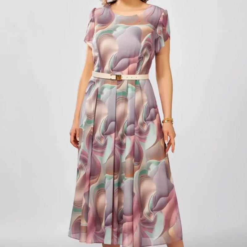 💞Sukienka z abstrakcyjnymi kwiatami i fantazją (z paskiem)