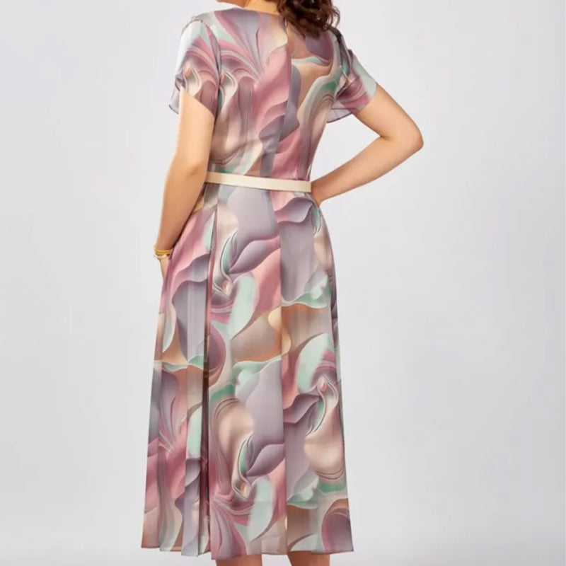 💞Sukienka z abstrakcyjnymi kwiatami i fantazją (z paskiem)