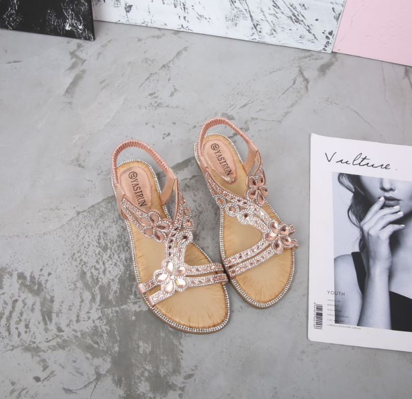 🔥Letnia gorąca wyprzedaż - Eleganckie kwiatowe płaskie sandały z kryształkami