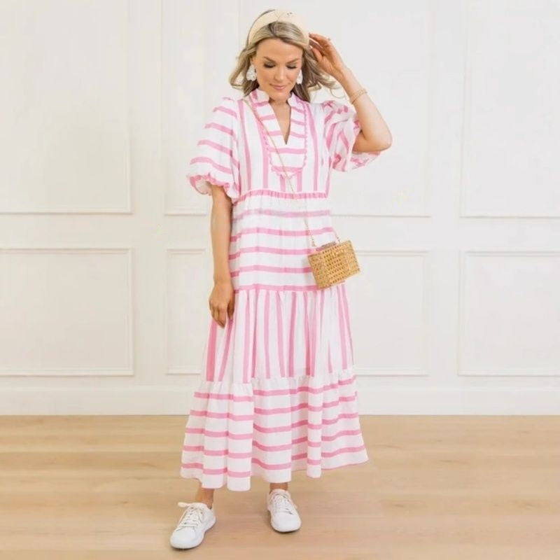 🌸Damska letnia sukienka w paski, luźna, swobodna, z krótkim rękawem