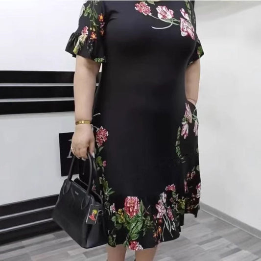 🌺Elegancki nadruk w dużym rozmiarze, sukienka z falbankami