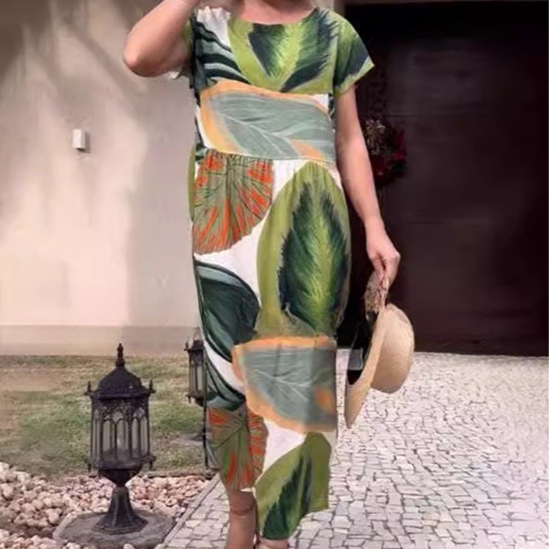 🌸 Sukienki damskie z krótkim rękawem i nadrukiem z rozcięciem z boku i rozcięciem z boku