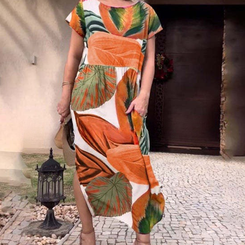 🌸 Sukienki damskie z krótkim rękawem i nadrukiem z rozcięciem z boku i rozcięciem z boku