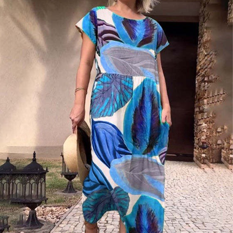 🌸 Sukienki damskie z krótkim rękawem i nadrukiem z rozcięciem z boku i rozcięciem z boku