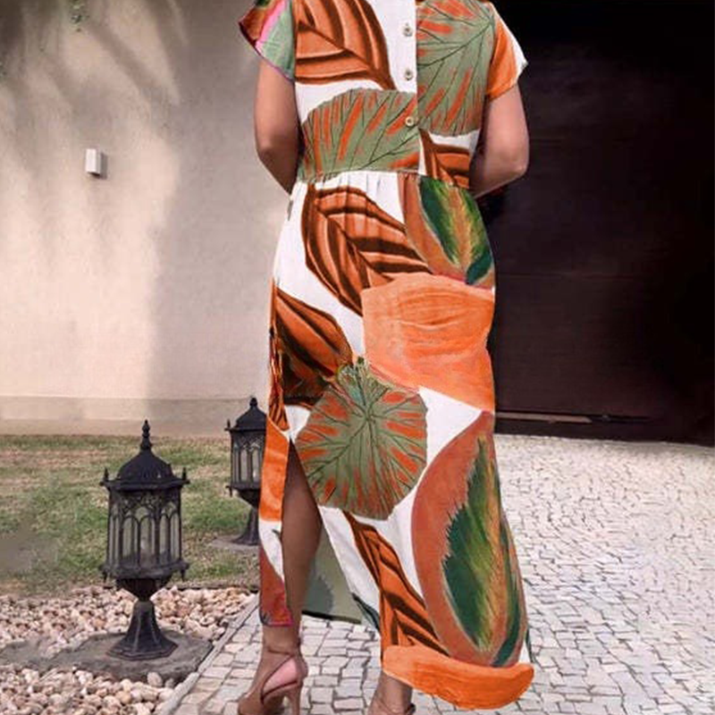 🌸 Sukienki damskie z krótkim rękawem i nadrukiem z rozcięciem z boku i rozcięciem z boku