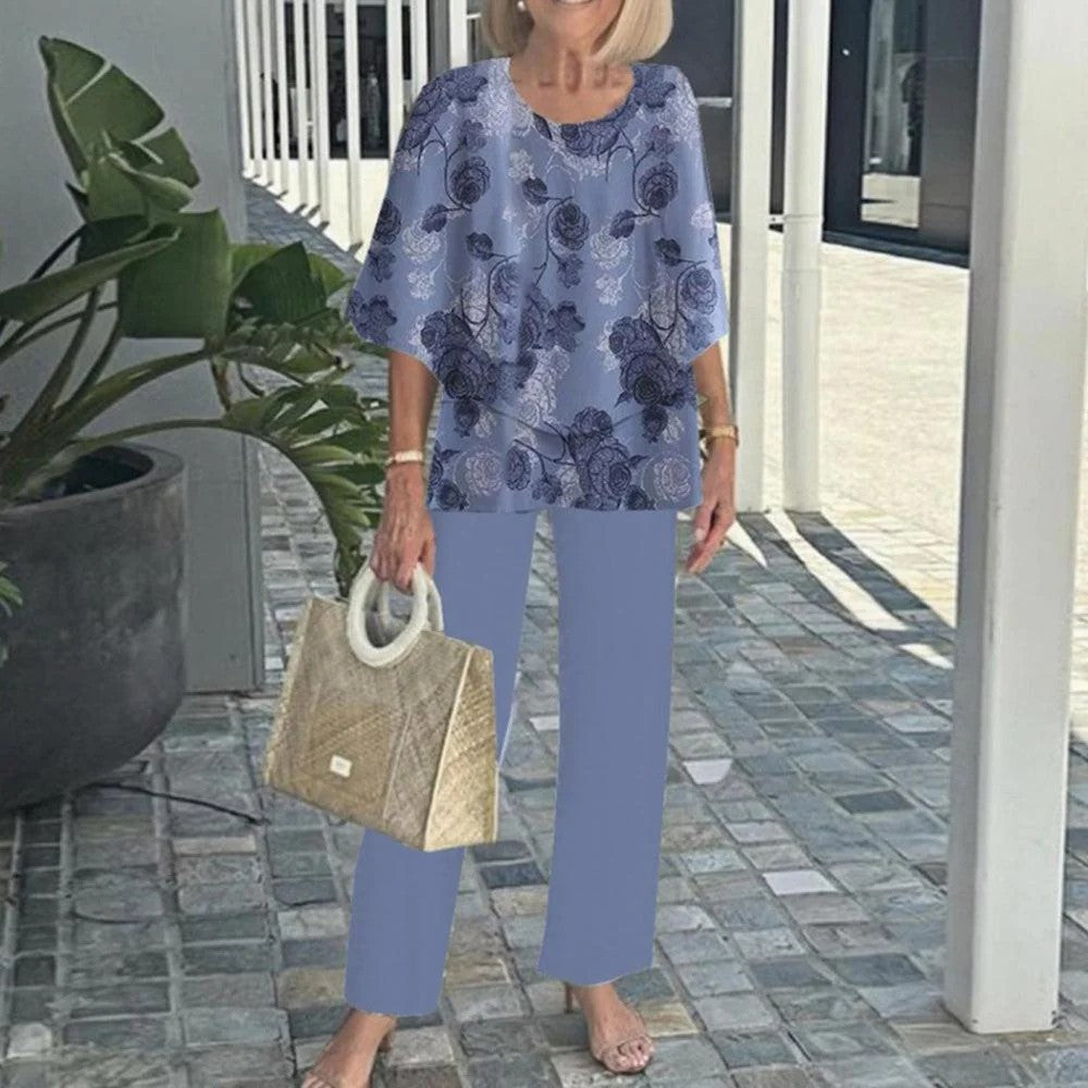 🌸Damski casualowy zestaw spodni z okrągłym dekoltem i półrękawkiem z nadrukiem