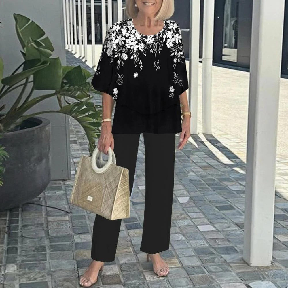 🌸Damski casualowy zestaw spodni z okrągłym dekoltem i półrękawkiem z nadrukiem