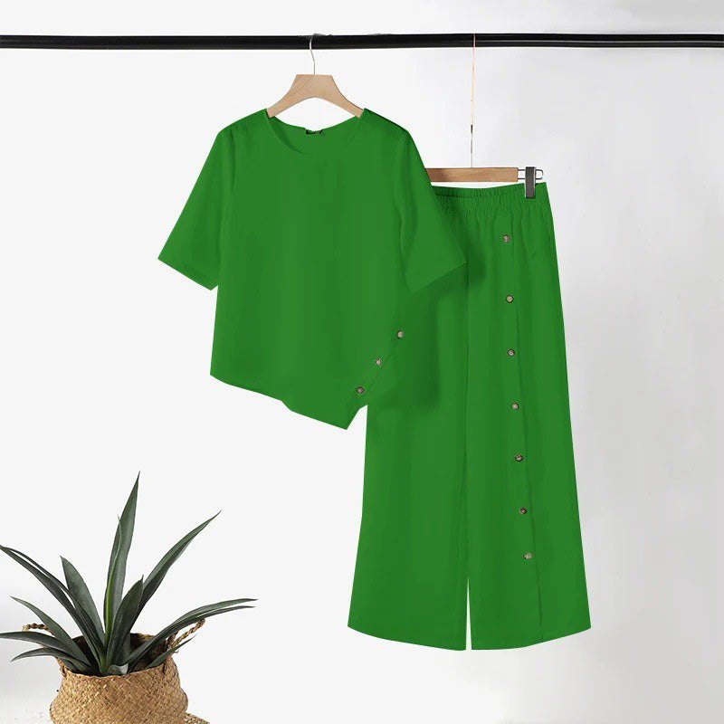 🌿Dwuczęściowy komplet damski: Top o nieregularnym dole i spodnie z szerokimi nogawkami☁️