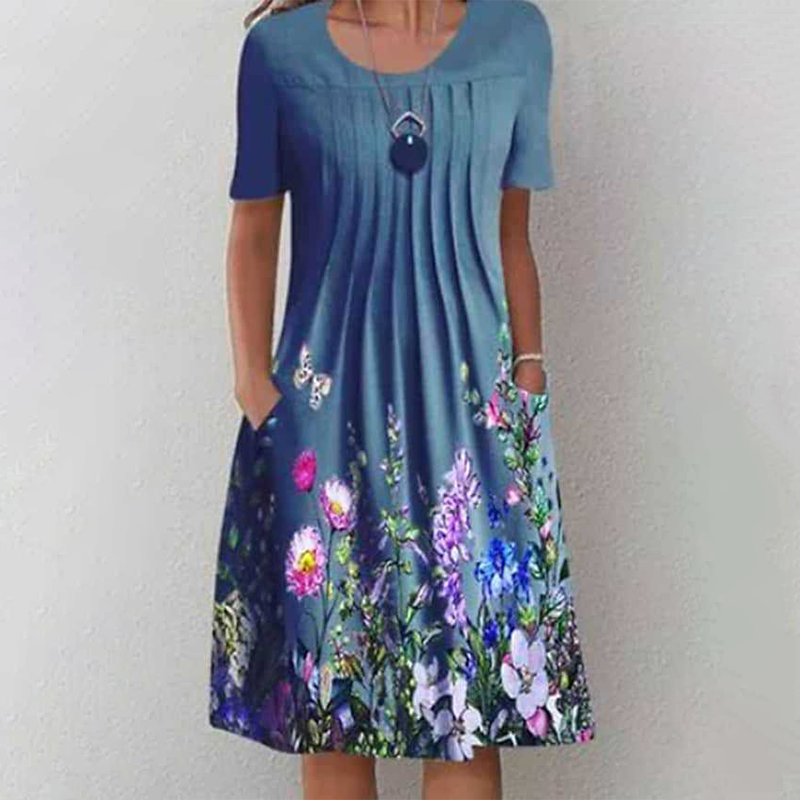 【S-3XL】👗Sukienka w kwiaty z okrągłym dekoltem